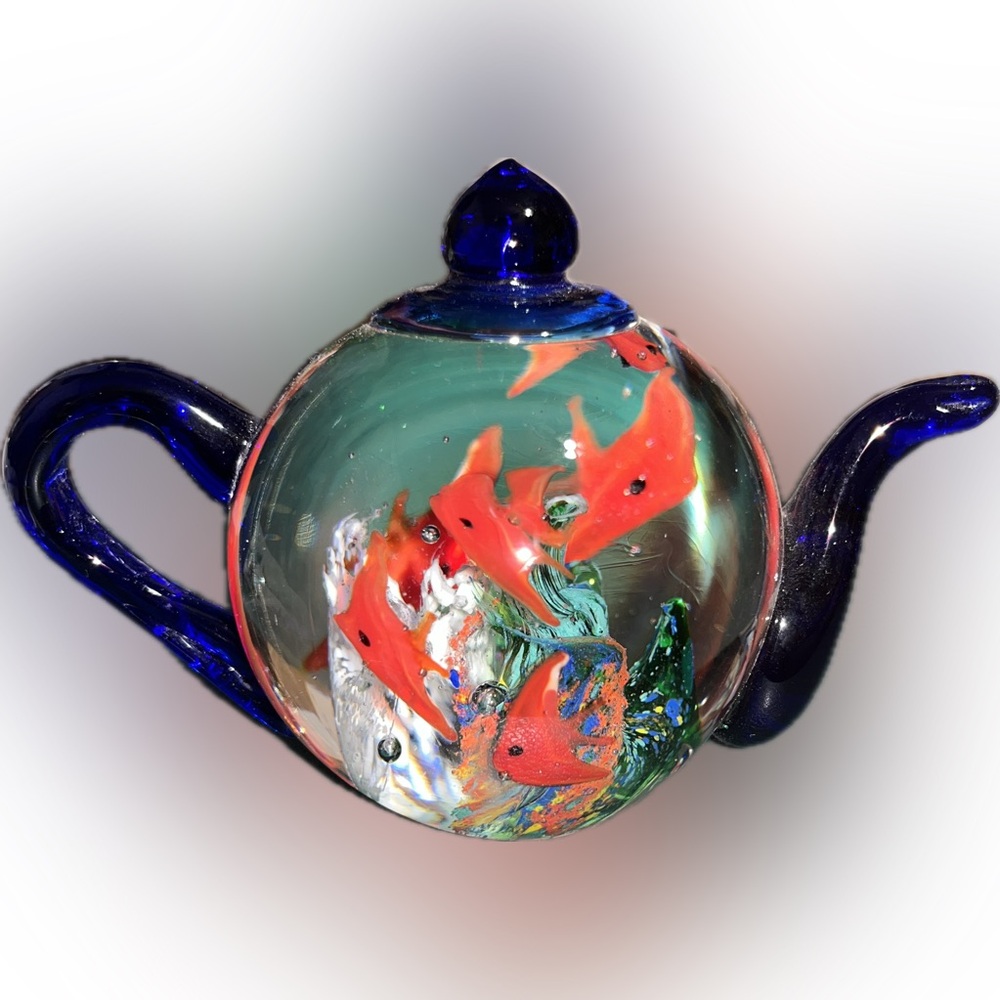 Dynasty Gallery Glass Teapot with Red Fish Design Paperweight.